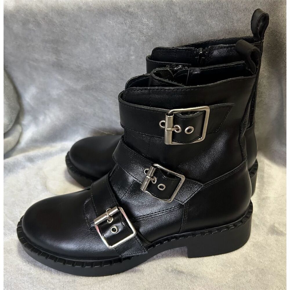 Steve Madden Aaron Black Leather Combat Moto Buckle Boots Unisex Size 9 NWT